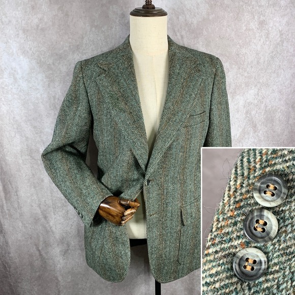 Harris Tweed Blazer Jacket Men 40 Green Herringbone Wool Hunting Sport Coat VTG - Picture 1 of 15